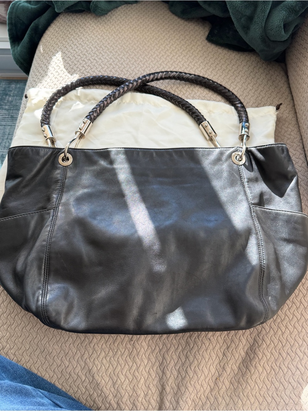 Large authentic Michael Kors Black Leather Women’s Tote Bag with Braided Handles